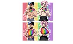 2019 areolae attribute_theft binder blue_hair breast_growth breasts chest_binder erect_nipples fake_breasts gender_transformation genderbend genderswap genderswap_(ftm) genderswap_(mtf) grumpy-tg large_breasts nipple_bulge nipples no_bra original pink_hair rainbow rainbow_clothing signature size_theft white_background rating:Explicit score:14 user:MultiLimbedXeno