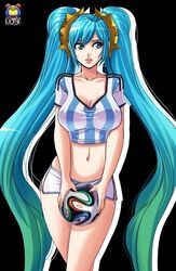 big_ass big_breasts blue_eyes blue_hair breasts collarbone female female_only human kyoffie large_breasts league_of_legends long_hair navel nipples_visible_through_clothing short_shorts skimpy_clothes solo sona_buvelle thighs tied_hair twintails very_long_hair rating:Safe score:83 user:Slut-Sona