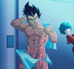 1boy 1girls accidental_exposure afro blue_hair bulma_(afro) bulma_briefs clothes_stuck_on_object dragon_ball dragon_ball_z female lost_clothes male male_focus muscles muscular muscular_male nala1588 nude penis straight_hair towel vegeta rating:Explicit score:80 user:MisoWhoreknee