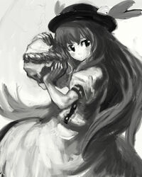  binayu female greyscale hat hinanawi_tenshi keystone leaf long_hair monochrome rope shimenawa sketch solo touhou  rating:safe score: user:bot