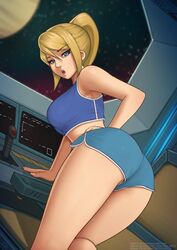 1girls ass blonde_hair blue_eyes breasts cleavage deilan12 eyebrows_visible_through_hair female female_only looking_at_viewer looking_back metroid nintendo samus_aran sidelocks solo rating:Questionable score:328 user:justausername