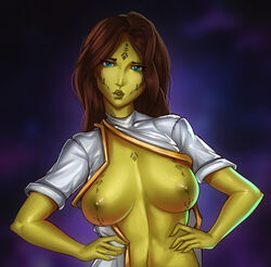 2019 bioware blue_eyes brown_hair exposed_breasts freli giuletta green_skin lucasfilm mirialan nipples original_character star_wars star_wars:_the_old_republic rating:Explicit score:82 user:ImperialSlave