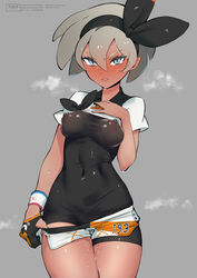 abs barefoot bea_(pokemon) black_gloves bodysuit dark_skin embarrassed female full_body gloves grey_eyes grey_hair hairband highres human human_only navel nipples partly_fingerless_gloves pokemon pokemon_ss pussy_juice ribbon saitou_(pokemon) sanuki_(kyoudashya) shirt short_sleeves shorts single_glove solo standing transparent_background undressing white_shirt white_shorts wristband rating:Explicit score:272 user:bot