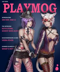 2girls au_ra blue_eyes choker clothing cuffs final_fantasy final_fantasy_xiv gloves green_eyes hat horns jacket l'cielle_lhas(ci) large_breasts lingerie lipstick magazine magazine_cover miqo'te moogle nipples pink_hair police red_hair sefuart short_hair shorts sin_faye skirt stockings tail tattoo tie turtlechan underwear white_hair xaela rating:Explicit score:51 user:aajaxx