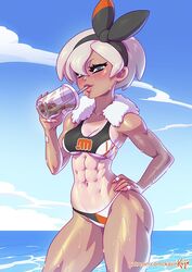 1girls abs alternate_breast_size armpits bare_shoulders bea_(pokemon) belly bikini blonde_hair blue_background blue_eyes blush breasts bubble_tea cleavage clothed clothing dark-skinned_female dark_skin drink eyelashes female female_only fit hair hair_over_one_eye hairband half-closed_eyes hand_on_hip hand_on_hips holding kajinman long_nails looking_at_viewer muscular muscular_female muscular_legs navel nintendo ocean outdoors patreon pokemon pokemon_ss short_hair smile solo sweat tanlines text thick_thighs thin_waist underboob url video_games water watermark wet wide_hips rating:Questionable score:144 user:EdgySexy