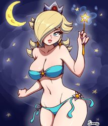 1girls ass bikini blonde_hair blue_eyes breasts cleavage crown earrings eye_contact female female_only hair_over_one_eye half-closed_eyes human looking_at_viewer mario_(series) nintendo princess_rosalina simmsy solo super_mario_galaxy text thick_thighs wand watermark wide_hips rating:Questionable score:161 user:justausername