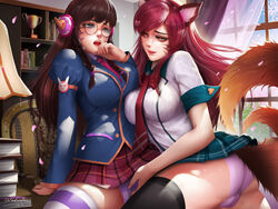 2girls academy_ahri academy_d.va ahri alternate_costume ass breasts cameltoe d.va female female_only fingering league_of_legends overwatch panties pussy_juice submissive thighhighs windwalker yuri rating:Explicit score:235 user:justausername