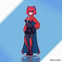  akatsuki_records animated animated bodysuit bow cape cloak double_dealing_character female gloves hairbow highres latex latex_bodysuit pixel_art raptorbr red_cape red_cloak red_eyes red_hair ribbon-trimmed_bow rock_'n'_rock_'n'_beat sekibanki short_hair skin_tight solo touhou two-tone_cape zipper  rating:safe score: user:bot