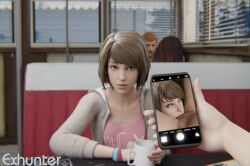  2girls 3d 3d_(artwork) brown_hair cunnilingus exhunter juxtaposition life_is_strange looking_at_viewer max_caulfield phone phone_screen photo_comparison public yuri  rating:explicit score: user:bot