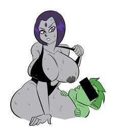 beast_boy bikini dc dc_comics flashing glassfish green_hair green_skin grey_skin purple_eyes purple_hair rachel_roth raven_(dc) straight teen_titans rating:Explicit score:76 user:Nayinde