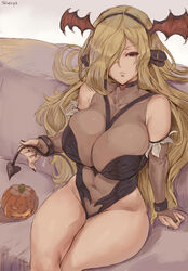 1girls absurd_res alternate_breast_size bare_shoulders blonde blonde_female blonde_hair breasts cleavage cutesexyrobutts_(style) cynthia_(pokemon) halloween head_wings hi_res high_resolution huge_breasts human jack-o'-lantern long_hair looking_at_viewer navel nintendo pokémon pokemon pokemon_champion pokemon_dppt shexyo sitting thighs very_high_resolution wide_hips rating:Explicit score:392 user:TwinkieLord