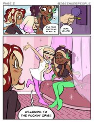 3girls agent_8_(splatoon) bed blush chocolate_and_vanilla color comic dark-skinned_female dark_skin dialogue female female_only hand_holding inkling interracial interracial_yuri iseenudepeople marina_(splatoon) nintendo octoling pearl_(splatoon) speech_bubble splatoon splatoon_2 tentacle_hair text yuri rating:Explicit score:125 user:CursedImages