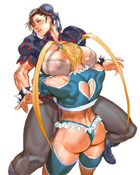 2girls alternate_color areolae bear_hug between_breasts blonde_hair bra bracelet breasts brown_hair capcom chinese_clothes chun-li cleavage covered_nipples curvy double_bun erect_nipples female female_only grey_bra head_in_chest heart_cutout huge_breasts jewelry kasai_x3 lejeanx3 multicolored_hair multiple_girls muscle muscular_female nipple_bulge nipples pantyhose rainbow_hair rainbow_mika see-through see-through_bra see-through_clothing see-through_top spiked_bracelet spikes street_fighter street_fighter_v twintails wrestling_outfit yuri rating:Explicit score:145 user:bot