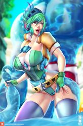 1boy 1girls arcade_riven arcade_series breasts cameltoe female fingerless_gloves gloves goo_creature green_hair large_breasts league_of_legends lord_dominik male pool_party_series pool_party_zac riot_games riven tentacle tentacle_grab zac rating:Questionable score:51 user:EdgySexy