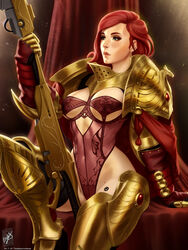 1girls adeptus_custodes armor breasts cleavage curvy female female_only female_space_marine gold_armor green_eyes highres large_breasts leotard lingerie long_hair one-piece_lingerie pauldrons red_hair rule_63 sci-fi science_fiction scifi solo solo_female spear themaestronoob underboob underwear warhammer_(franchise) warhammer_40k weapon rating:Safe score:178 user:Quarks