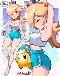 1girls 1other blonde_hair blue_eyes breasts cleavage clothed clothing crown earrings english_text female female_focus hair_over_one_eye long_hair luma mario_(series) messy_hair multiple_views nintendo princess_rosalina sarukaiwolf shorts solo solo_focus speech_bubble stretching super_mario_galaxy tank_top text rating:Questionable score:309 user:RatherNotSay