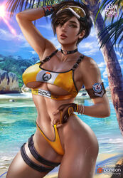 1girls bikini breasts cleavage female female_only logan_cure looking_at_viewer overwatch solo sweat thick_thighs tracer union_jack rating:Questionable score:434 user:justausername