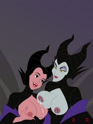 2girls aurora_(sleeping_beauty) big_breasts breast_milk breasts breasts_out clothed cosplay discreenvision disney disney_princess disney_villains female female_only green_skin horns inusen lactation large_breasts lipstick maleficent nipples princess royalty sleeping_beauty_(1959_film) witch rating:Explicit score:105 user:Zardauz