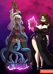 2girls areolae arms_up big_breasts black_skirt black_thighhighs blue_tentacles bondage breasts breasts_bigger_than_head brown_hair clothing cum cum_in_mouth cum_in_pussy cum_inside dark-skinned_female dark_skin double_penetration dress elsbeth_blackheart female female_only final_fantasy final_fantasy_xiv glasses hair hartman_hips hips hips_wider_than_shoulders hourglass_figure kinkymation large_breasts light_skin long_hair multiple_girls nipples open_mouth oral penetration penis_tentacles pussy restrained sex skirt skirt_lift slim slim_girl slim_waist spread_legs spreader_bar square_enix sucking tentacle tentacle_sex thick_thighs thighhighs thighs thunder_thighs thunderthighs tied tied_up torn_clothes vaginal_penetration video_games white_hair wide_hips rating:Explicit score:134 user:EdgySexy