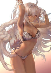 1girls ahoge armpits arms_up backlighting bangs bare_shoulders blush bra braid breasts breasts_apart cleavage collarbone cropped_legs dark_skin fate/grand_order fate_(series) floral_print gloves gradient gradient_background hair_between_eyes hands_in_hair highres lace-trimmed_bra lace-trimmed_lingerie lace-trimmed_panties lakshmibai_(fate/grand_order) legs legs_together lingerie long_hair looking_at_viewer mashu_003 medium_breasts navel panties parted_lips signature solo thigh_gap thighs twin_braids twitter_username underwear very_long_hair white_background white_bra white_gloves white_hair white_panties rating:Questionable score:153 user:justausername