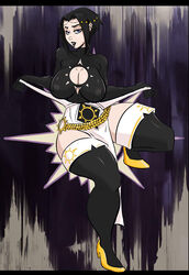 big_breasts black_hair black_lipstick blue_eyes bodysuit breasts cleavage_cutout dark_hair goth high_heels lipstick magic_the_gathering piercing seductive sidelocks teysa_karlov thighhighs undressing rating:Questionable score:30 user:punkmaster