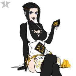 belt black_hair black_lipstick blue_eyes boots breasts cleavage cleavage_cutout dark_hair gold goth jewelry magic_the_gathering piercing sitting smile teysa_karlov thigh_boots thighhighs rating:Questionable score:56 user:punkmaster