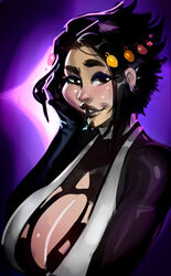 big_breasts black_lipstick breasts cleavage_cutout dark_hair female hand_on_face magic_the_gathering smile teysa_karlov rating:Questionable score:29 user:punkmaster