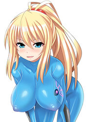 1girls anime_style blonde_hair blue_eyes bodysuit breasts erect_nipples female female_only hairband highres huge_breasts impossible_clothes konno_tohiro leaning_forward long_hair looking_at_viewer metroid naughty_face nintendo nipple_bulge ponytail samus_aran sidelocks simple_background skin_tight smile solo white_background zero_suit zero_suit_samus rating:Questionable score:132 user:FLBPfan