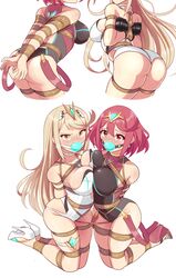 2girls absurdres angry arms_behind_back asymmetrical_docking bagelbomb ball_gag bangs blonde_hair blush bondage bound bound_together breasts competition_swimsuit crotch_rope femsub gag gem hair_ornament headpiece heels high_heels highres huge_filesize jewelry long_hair multiple_girls multiple_subs mythra nintendo one-piece_swimsuit pyra red_hair rope shibari_over_clothes swept_bangs swimsuit tiara tied_together xenoblade_(series) xenoblade_chronicles_2 rating:Questionable score:274 user:darkmetaknight9