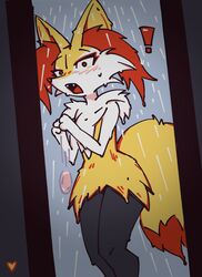  ambiguous_gender anthro bathing braixen dropping_soap exclamation_point fangs fur generation_6_pokemon heartear18 hi_res nintendo pokemon pokemon_(species) shower showering soap solo teeth walk-in wet wet_body wet_fur  rating:questionable score: user:bot