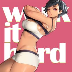 1girls bangs black_hair booty_shorts breasts cleavage dark-skinned_female dark_skin earrings erect_nipples eyebrows_visible_through_hair female highres jewelry large_breasts lips looking_at_viewer masami_chie original original_character pink_background pink_eyes short_hair shorts simple_background solo sports_bra tank_top text tomboy undressing very_short_hair rating:Questionable score:99 user:buggerrum