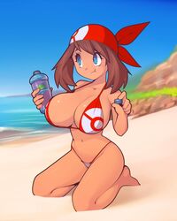 1girls alternate_breast_size bandana beach big_breasts bikini blue_eyes bottle breasts brown_hair female female_only front_view hourglass_figure huge_breasts human human_only kneeling large_breasts looking_up may_(pokemon) mystical nintendo plantpenetrator pokemon pokemon_rse short_hair water rating:Questionable score:366 user:oski165