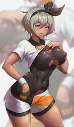 1girls abs alternate_breast_size areolae bea_(pokemon) black_jelly bodysuit breasts clothed dark-skinned_female dark_skin female female_only gloves grey_hair hair_ribbon huge_breasts large_breasts looking_at_viewer muscular_female naughty_face nintendo nipple_bulge nipples pokemon pokemon_ss seductive seductive_smile shirt shirt_lift short_hair shorts silver_eyes smile solo thick_thighs torn_bodysuit torn_clothes white_background rating:Questionable score:276 user:TwinkieLord