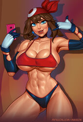 1girls abs alternate_breast_size armpits big_breasts bimbo blue_eyes breasts brown_hair cameltoe cleavage clothing earrings eye_contact female female_only gloves hair hourglass_figure huge_breasts human human_only large_breasts lipstick looking_at_viewer may_(pokemon) mikiron muscular muscular_female nintendo nipple_bulge panties patreon phone piercings pokemon pokemon_rse pose shirt short_hair smartphone solo standing text thick_thighs underboob url video_games watermark rating:Questionable score:301 user:TheRedMaverick