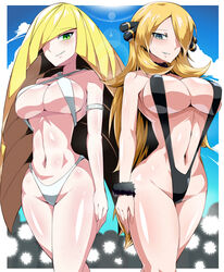 2girls adapted_costume aether_foundation alternate_costume ass big_breasts bikini blonde_hair blonde_hair_over_one_eye blush breasts camera champion cynthia_(pokemon) duo female green_eyes hair_over_one_eye human human_only large_breasts long_blonde_hair long_hair looking_at_viewer lusamine_(pokemon) milf nintendo one-piece_swimsuit pokemon pokemon_dppt pokemon_sm pokemon_usm silver_eyes sky smile string_bikini suzusiigasuki sweat swimsuit thick_thighs tight_clothing wide_hips rating:Questionable score:347 user:SkySoulSword