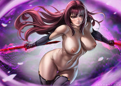 1girls breasts dandon_fuga fate/grand_order fate_(series) female gloves long_hair milk purple_hair scathach_(fate) solo spear thighhighs tights toned weapon rating:Explicit score:62 user:tug123