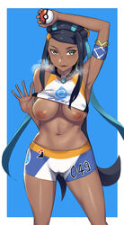 1girls :p abs alternate_breast_size areolae arm_up armpits big_breasts black_hair blue_background blush bracelet breasts breath clothed dark-skinned_female dark_skin devilukez earrings eye_contact female gym_leader heavy_breathing high_resolution holding holding_object holding_poke_ball hoop_earrings human inverted_nipples jewelry long_hair looking_at_viewer medium_breasts multicolored_hair navel necklace nessa_(pokemon) nintendo nipples one_arm_up poke_ball pokemon pokemon_ss shirt shirt_lift solo source_request spats sportswear steam tank_top text thigh_gap tongue tongue_out two-tone_hair white_border rating:Explicit score:164 user:WatchTheLanguage