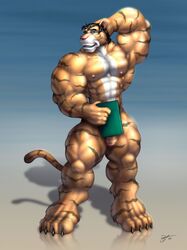 abs anthro biceps bodybuilder book braford feline fur furry male male_only muscles pecs penis pose smile solo tiger uncut rating:Explicit score:10 user:bot