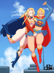 2girls abs ass blonde_hair blue_eyes blush breast_grab breasts cape clara_haruka clothed clothing dc dc_comics duo eighth_wonder embarrassed female female_only fingering fingering_under_skirt flustered flying groping heart highres huge_breasts joylewds kara_danvers kara_zor-el long_hair looking_at_viewer multiple_girls muscle muscular_female one_eye_closed smile supergirl superheroine superman_(series) text uchi_no_musume_ni_te_o_dasu_na! watermark wink yuri rating:Questionable score:170 user:TwinkieLord