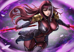 1girls breasts cleavage dandon_fuga fate/grand_order fate_(series) female female_only large_breasts looking_at_viewer pinup scathach_(fate) solo spear weapon rating:Questionable score:75 user:justausername