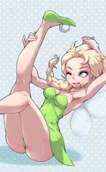 1girls armpits blonde_hair blue_eyes braid breasts clothing cosplay disney disney_fairies dress elsa_(frozen) fairy female frozen_(film) hair_over_shoulder leg_up legs long_hair medium_breasts moyoosu one_eye_closed peter_pan_(disney) png single_braid solo thighs tinker_bell_(cosplay) upskirt rating:Questionable score:155 user:sandlecrantz