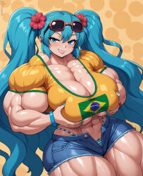  abs ai_assisted ai_generated azazellzai big_muscles blue_eyes blue_hair brazilian_miku cleavage female flower_in_hair hands_on_own_chest hatsune_miku holding_own_breast long_hair muscular muscular_female muscular_thighs navel pubic_hair shorts solo sunglasses sunglasses_on_head thick_thighs thong thunder_thighs tight_clothing twintails vocaloid  rating:explicit score: user:bot