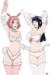 2girls abs agung911 arm_sleeves armpits arms_above_head blue_hair bra bunny_costume bunny_ears bunny_girl bunny_suit cleavage collar costume elbow_glove female female_only gloves green_eyes headband hyuuga_hinata lingerie long_hair looking_at_viewer naruto naruto_shippuden open_mouth panties pink_hair purple_eyes revealing_clothes sakura_haruno sleeves stockings thighhighs thighs white_bra white_panties rating:Safe score:66 user:DarkEliteRider