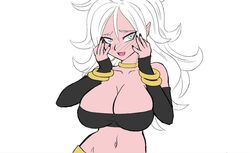 1girls 2010s android_21 android_21_(good) big_breasts blue_eyes blush breasts cleavage covered_breasts darm_engine dragon_ball dragon_ball_fighterz female humanoid large_breasts light_persona long_hair majin majin_android_21 monster_girl navel partially_clothed pink_skin pointy_ears tail white_hair rating:Questionable score:83 user:Lolzite