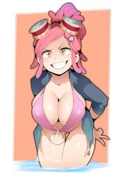 1girls arms_behind_back bangs bent_over bikini bikini_pull breasts cleavage cowboy_shot female female_only goggles grin hair_ornament hand_on_hip high_ponytail hotvr jacket large_breasts legs_together light-skinned_female light_skin mei_hatsume my_hero_academia open_clothes open_jacket open_mouth pink_bikini pink_hair smile solo swept_bangs swimsuit thigh_gap thighs yellow_eyes rating:Questionable score:737 user:Horny_Kirishima