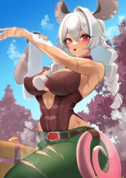  abs absurdres akimoto8 animal_ears belt blue_sky blush bracelet braid breasts brown_belt brown_leotard bug cloud commission earrings female green_pants grey_hair hair_between_eyes highleg highleg_leotard highres indie_virtual_youtuber jewelry leotard long_braid long_hair muscular muscular_female nellie_(vtuber) open_mouth pants plunging_neckline possum_ears possum_girl possum_tail red_eyes skeb_commission sky solo spider spiked_bracelet spikes sweat tan torn_clothes torn_pants towel tree twin_braids virtual_youtuber  rating:safe score: user:bot