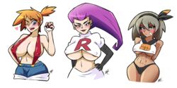 3girls abs agitowolf_(artist) alternate_breast_size bea_(pokemon) big_breasts blush breasts brown-skinned_female brown_hair brown_skin dark_skin eye_contact female female_only huge_breasts human human_only jessie_(pokemon) kasumi_(pokemon) looking_at_viewer multiple_girls nintendo pokemon pokemon_rgby pokemon_ss purple_hair red_hair shirt shorts skirt thick_thighs underboob wide_hips rating:Questionable score:118 user:Misty_lover