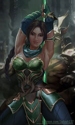 2d armor armored_dress armpits arms_up bare_arms bare_shoulders black_hair bracelet breasts cleavage clenched_hands closed_mouth collarbone dark_skin earrings fantasy female fighting_stance fingerless_gloves gloves green_eyes jade_(mortal_kombat) jewelry judash137 large_breasts long_hair looking_at_viewer magic mortal_kombat pleated_skirt ponytail skirt smile solo staff standing thighs toned very_long_hair weapon rating:Safe score:58 user:pimps1678