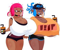 2girls big_breasts blue_hair breast_expansion breasts cephalopod cephalopod_humanoid closed_eyes clothing dark-skinned_female dark_skin female female_only hair highres huge_breasts hyper hyper_breasts inkling inkling_girl jinu large_breasts multiple_girls nintendo pink_eyes pink_hair shirt shorts splatoon tentacle tentacle_hair thighs video_games rating:Questionable score:216 user:EdgySexy