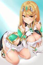 1girls absurdres armor bangs blonde_hair blush breasts chest_jewel cleavage cleavage_cutout dress earrings elbow_gloves female fingerless_gloves fingernails gem gloves headpiece highres hikari_(xenoblade_2) jewelry kneeling large_breasts long_hair mythra nintendo on_bed shoulder_armor solo swept_bangs tetora_(yumejihuka) thigh_strap thighs tiara very_long_hair white_dress xenoblade_(series) xenoblade_chronicles_2 yellow_eyes rating:Questionable score:54 user:darkmetaknight9